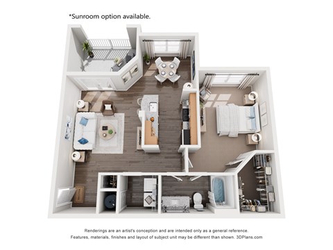 Floor plan for 1 bed, 1 bath, 855 sqft